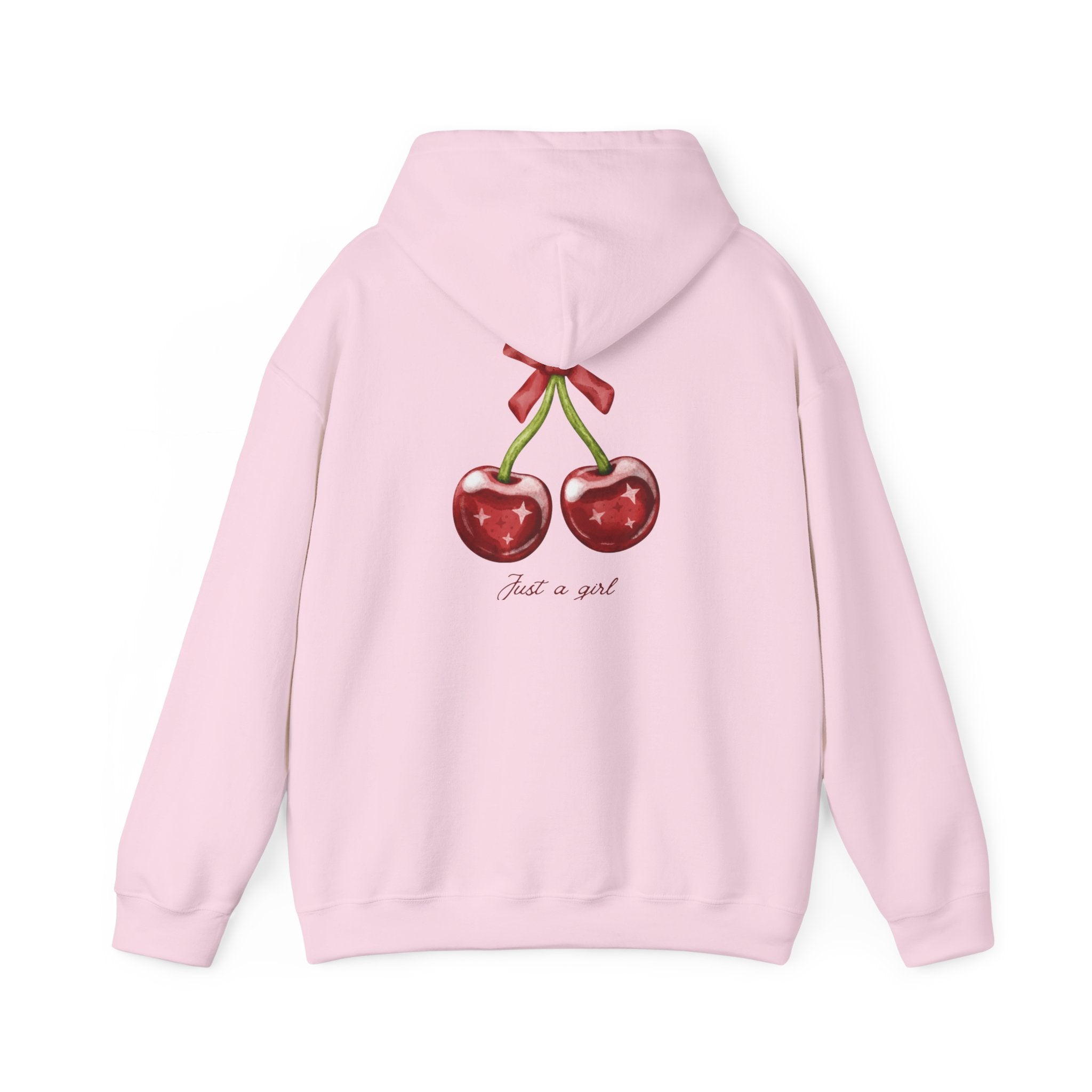 Cherry Graphic Hoodie — "Just a Girl" Vintage Fruit Pullover