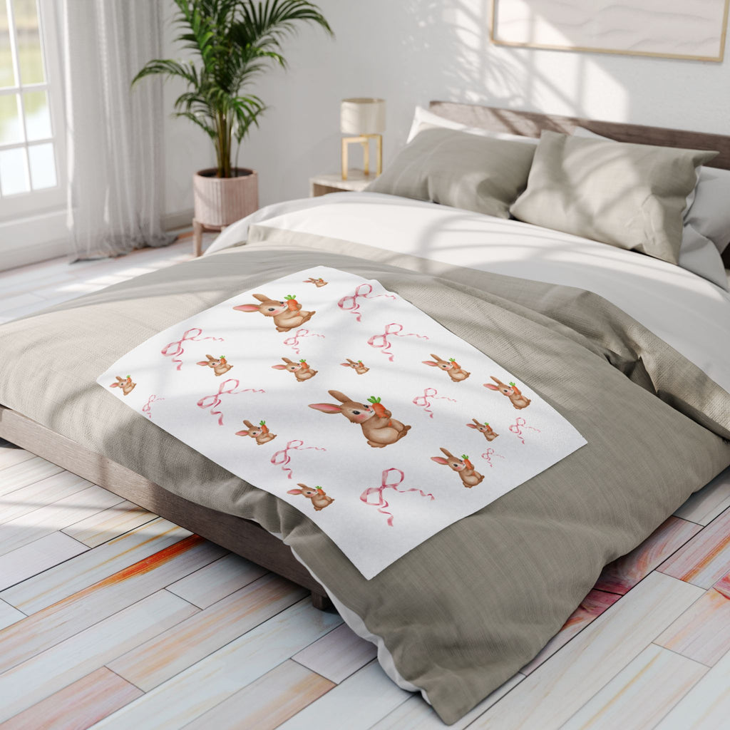 Cute Bunny Carrot Fleece Blanket — Pastel Ribbon Easter Throw