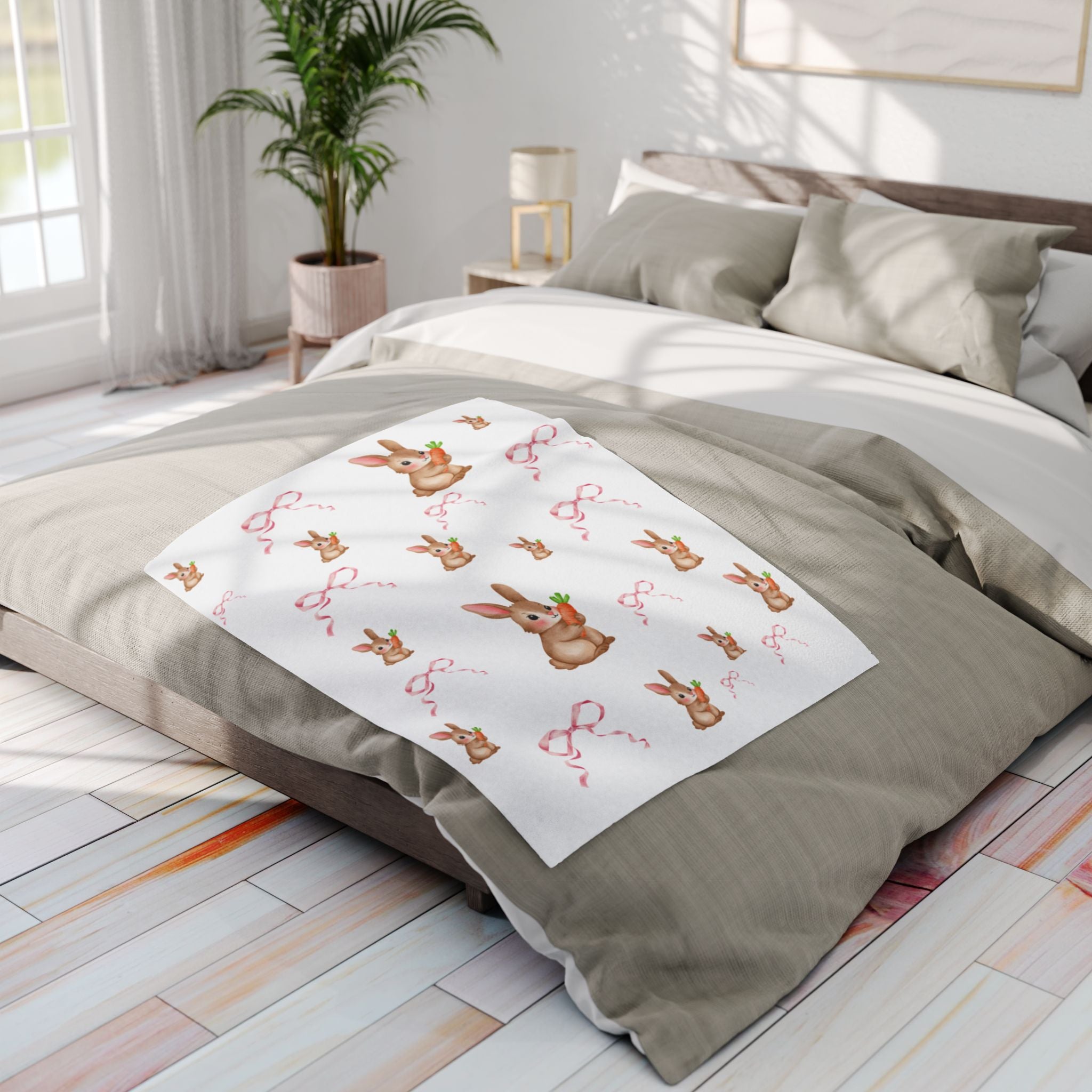 Cute Bunny Carrot Fleece Blanket — Pastel Ribbon Easter Throw