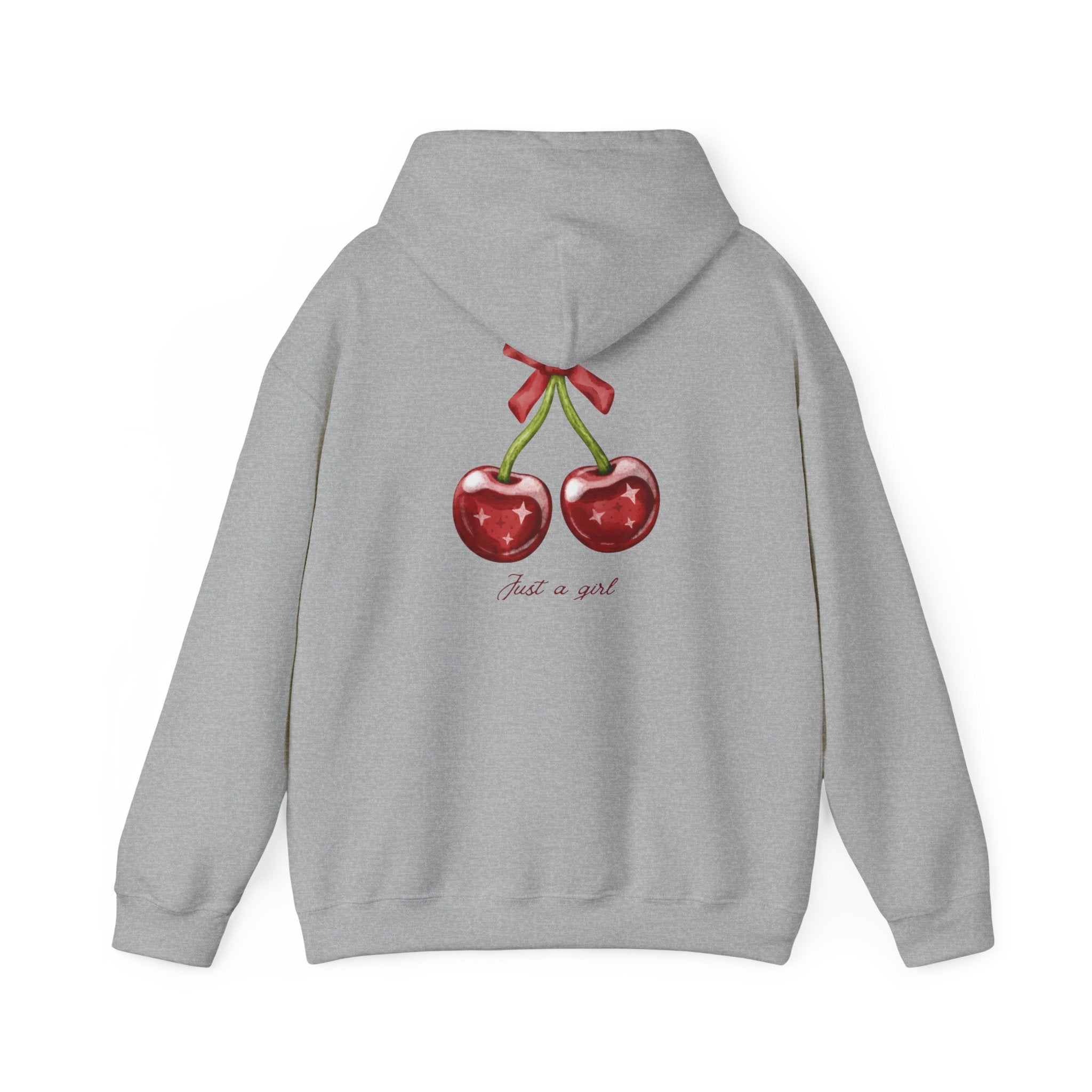 Cherry Graphic Hoodie — "Just a Girl" Vintage Fruit Pullover