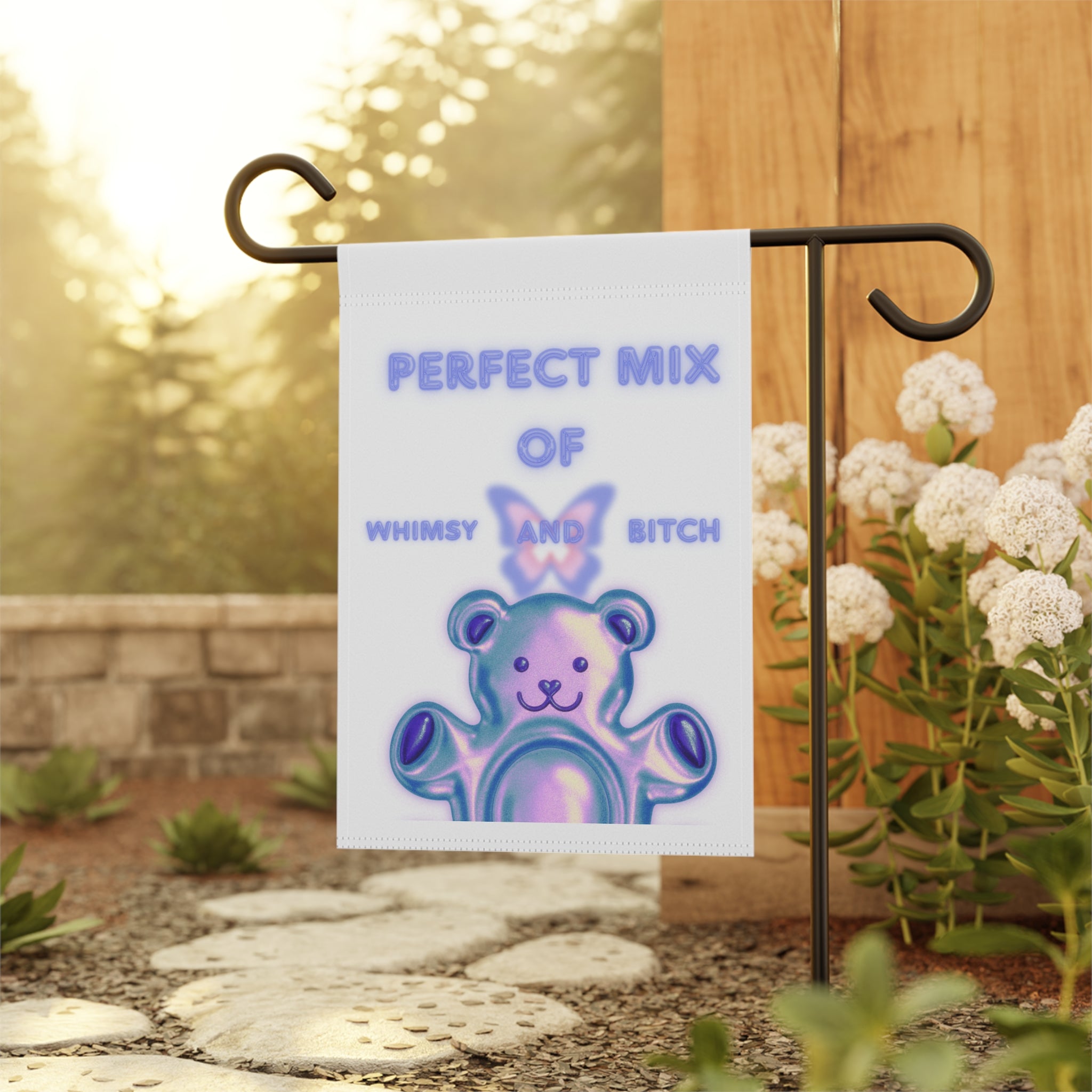 Perfect Mix of Whimsy and Bitch Garden Flag – Cute Iridescent Bear Decorative Banner