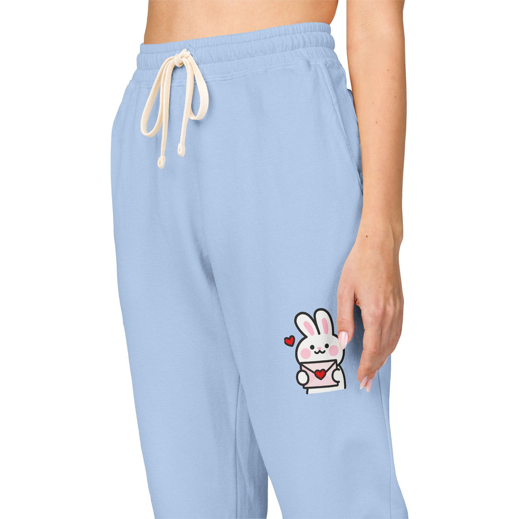 Cute Bunny Patch Sweatpants — Cream Fleece Joggers with Floral Rabbit Design