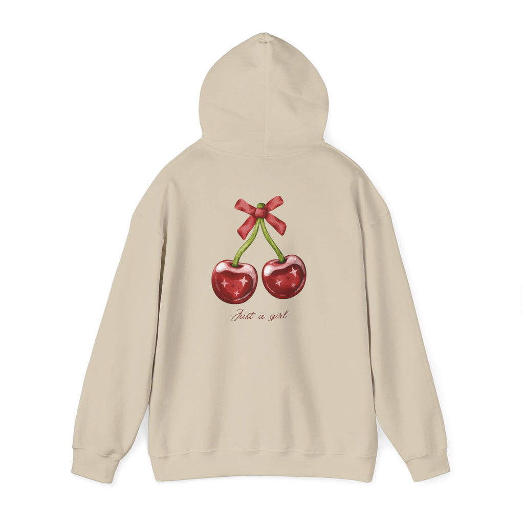 Cherry Graphic Hoodie — "Just a Girl" Vintage Fruit Pullover