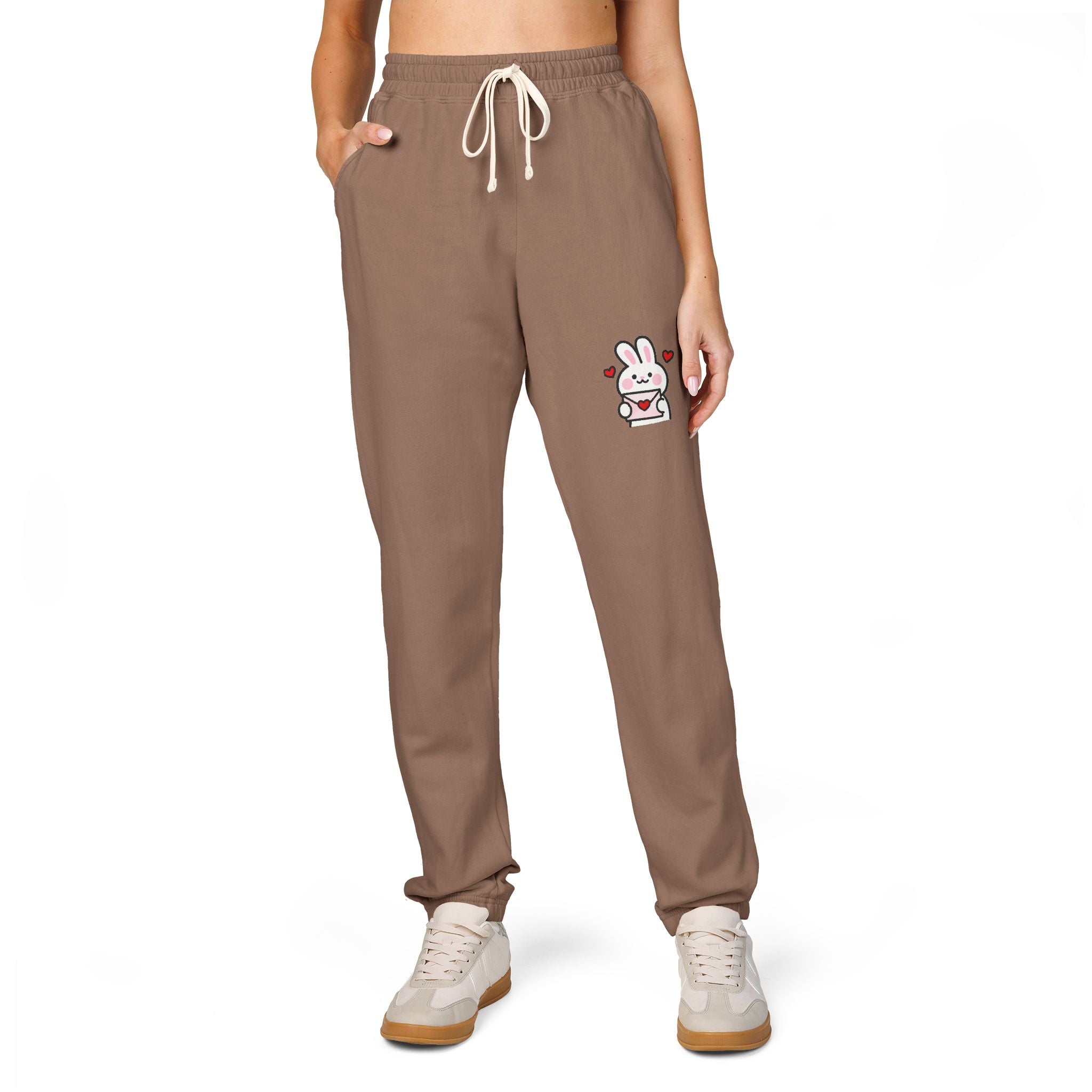 Cute Bunny Patch Sweatpants — Cream Fleece Joggers with Floral Rabbit Design