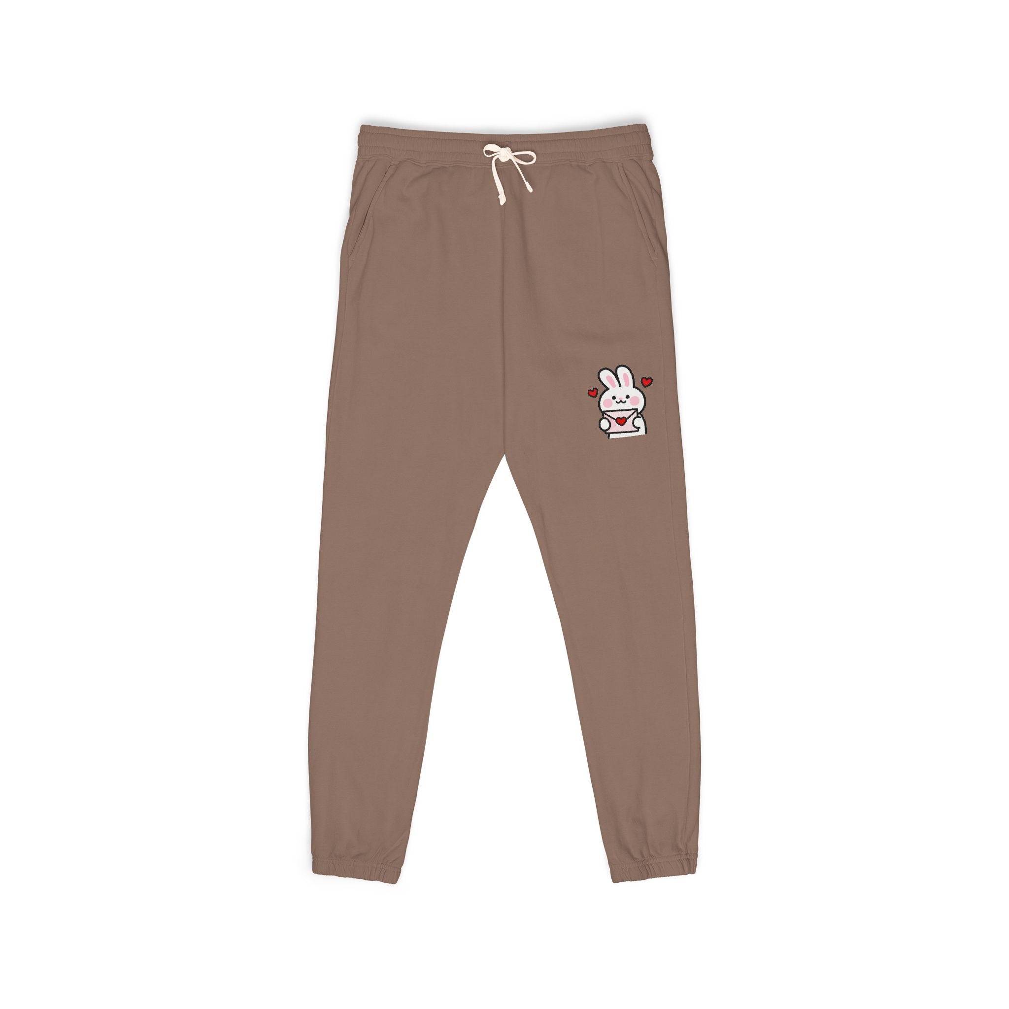 Cute Bunny Patch Sweatpants — Cream Fleece Joggers with Floral Rabbit Design