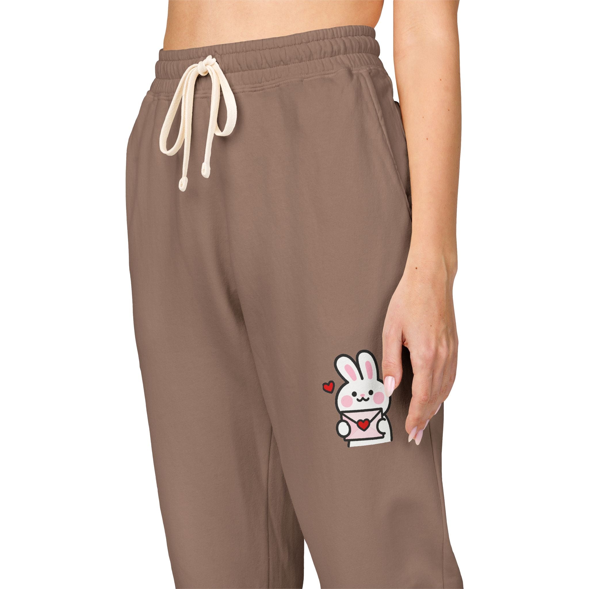 Cute Bunny Patch Sweatpants — Cream Fleece Joggers with Floral Rabbit Design