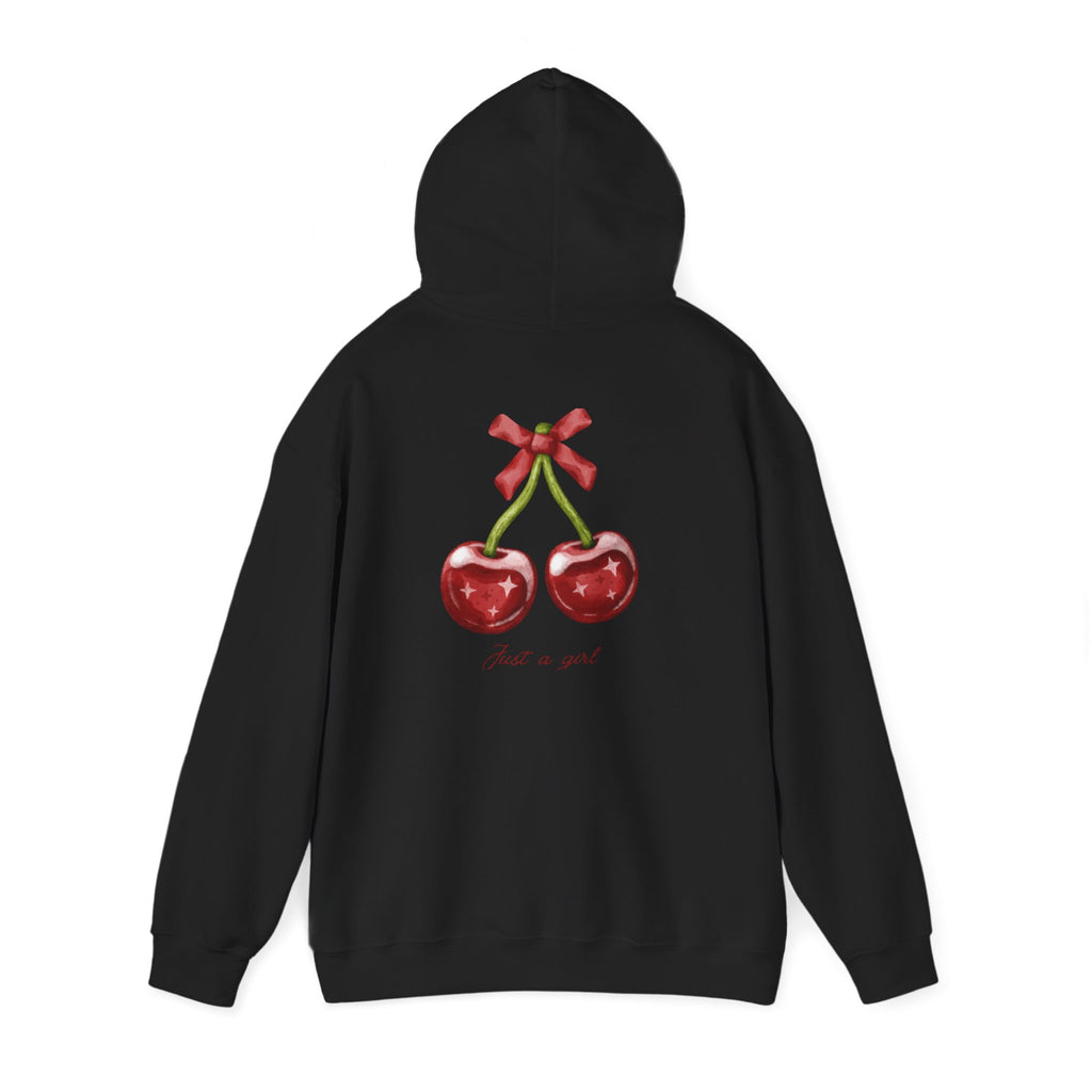 Cherry Graphic Hoodie — "Just a Girl" Vintage Fruit Pullover