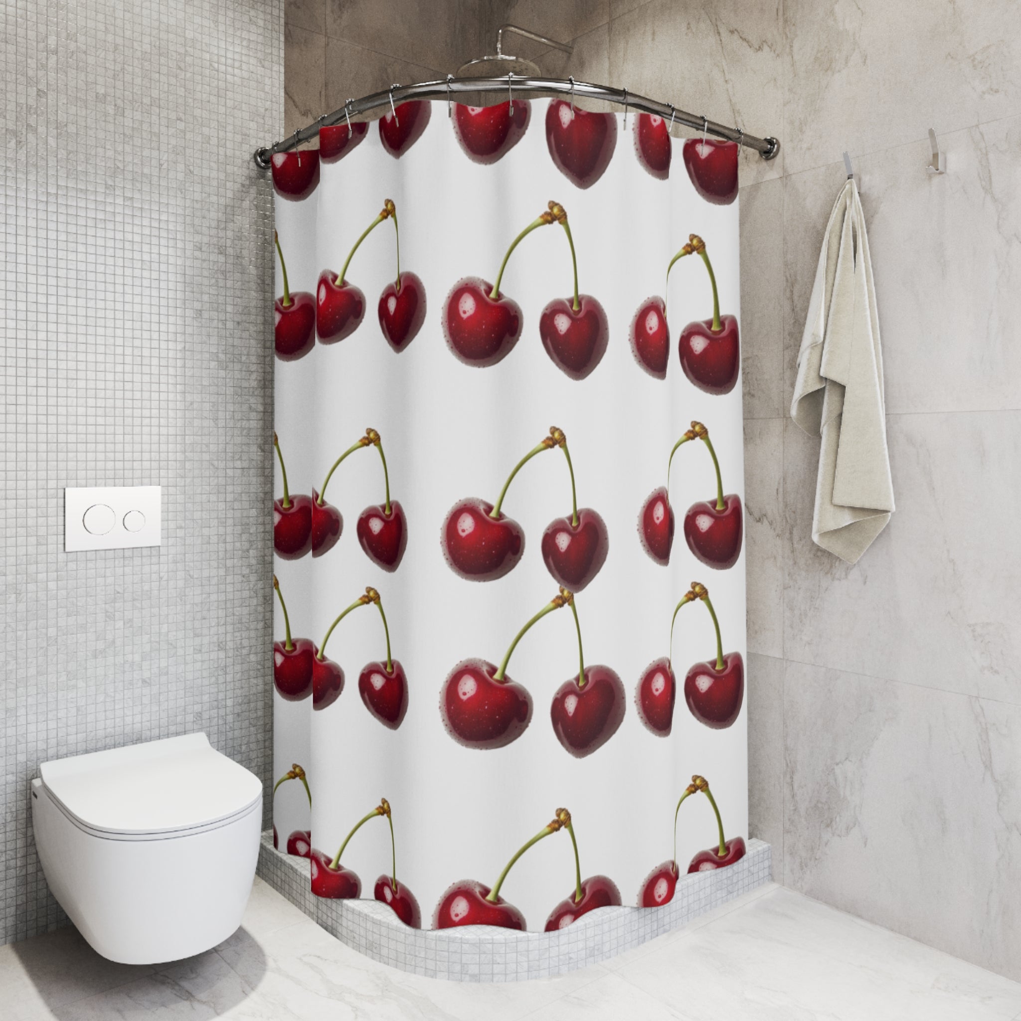 Cherry Pattern Shower Curtain — Retro Red Fruit Bathroom Decor