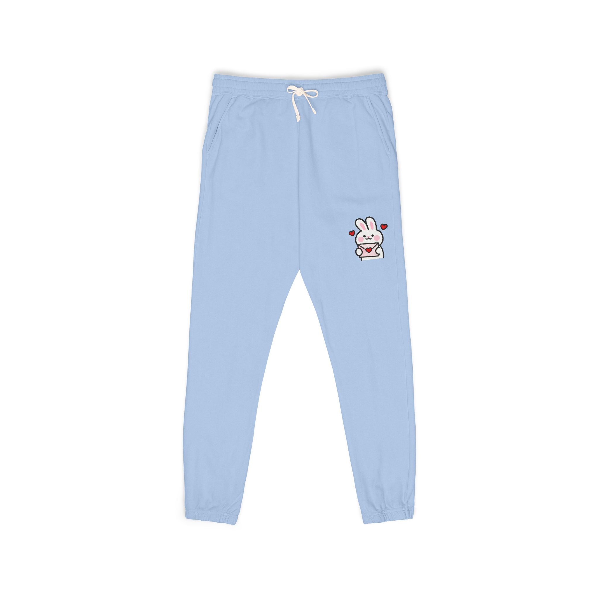 Cute Bunny Patch Sweatpants — Cream Fleece Joggers with Floral Rabbit Design