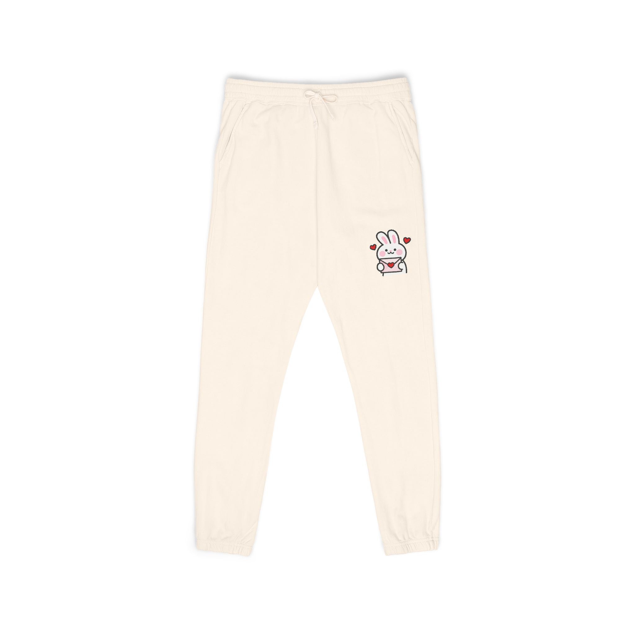 Cute Bunny Patch Sweatpants — Cream Fleece Joggers with Floral Rabbit Design