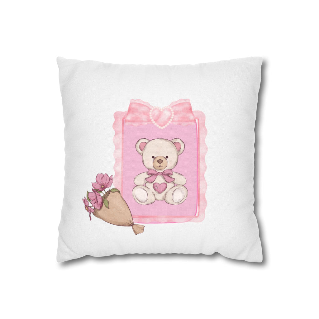 Teddy Bear Pink Floral Throw Pillowcase — Cute Nursery Accent Cushion Cover