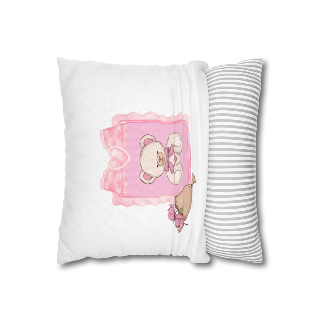 Teddy Bear Pink Floral Throw Pillowcase — Cute Nursery Accent Cushion Cover