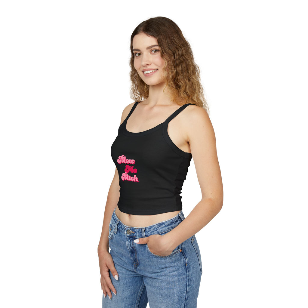 Spaghetti Tank Top — Pink 'Blow Me Bitch' Retro Script Crop Top