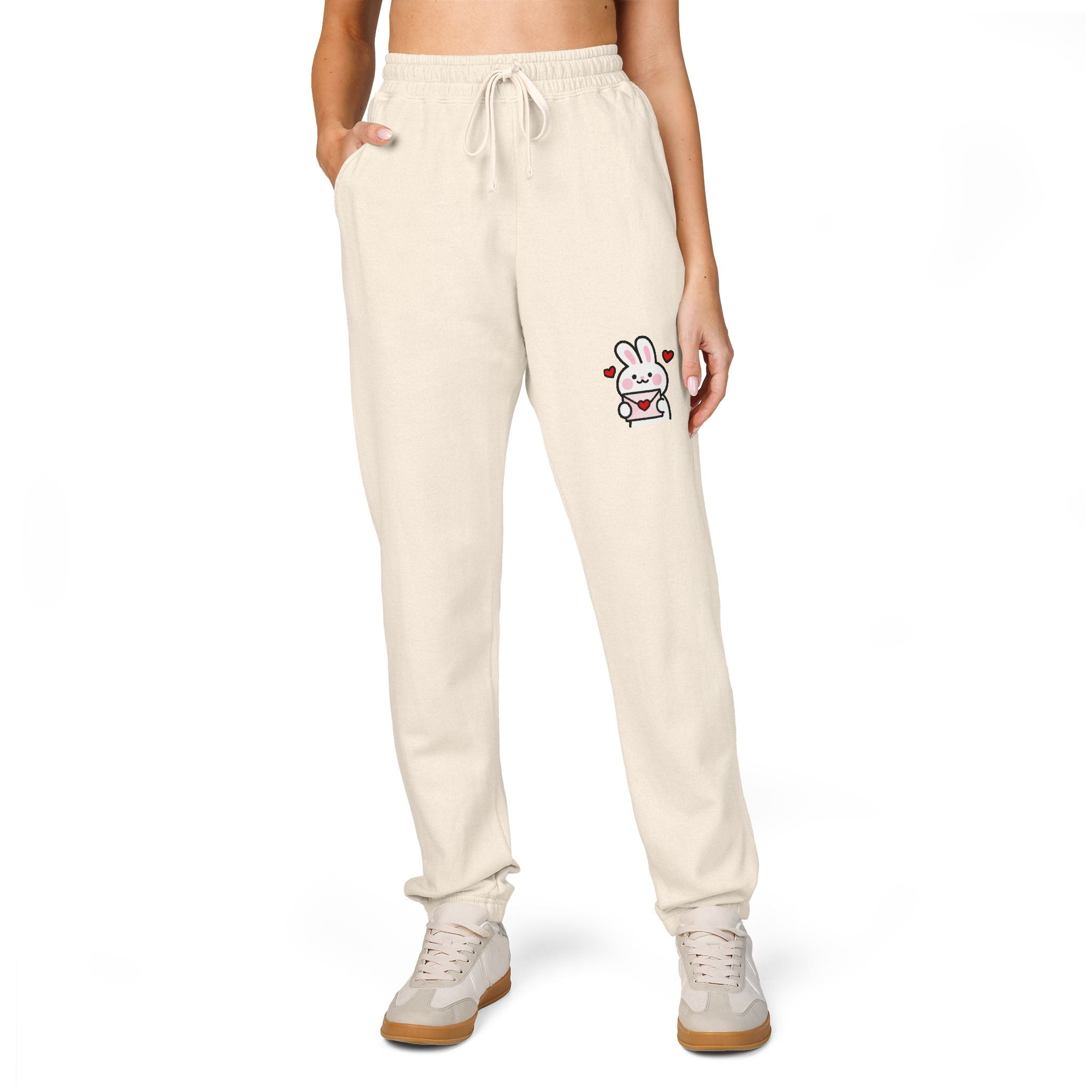 Cute Bunny Patch Sweatpants — Cream Fleece Joggers with Floral Rabbit Design