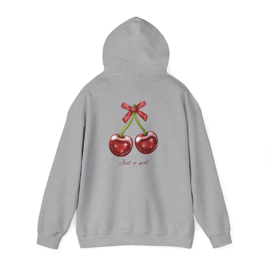 Cherry Graphic Hoodie — "Just a Girl" Vintage Fruit Pullover
