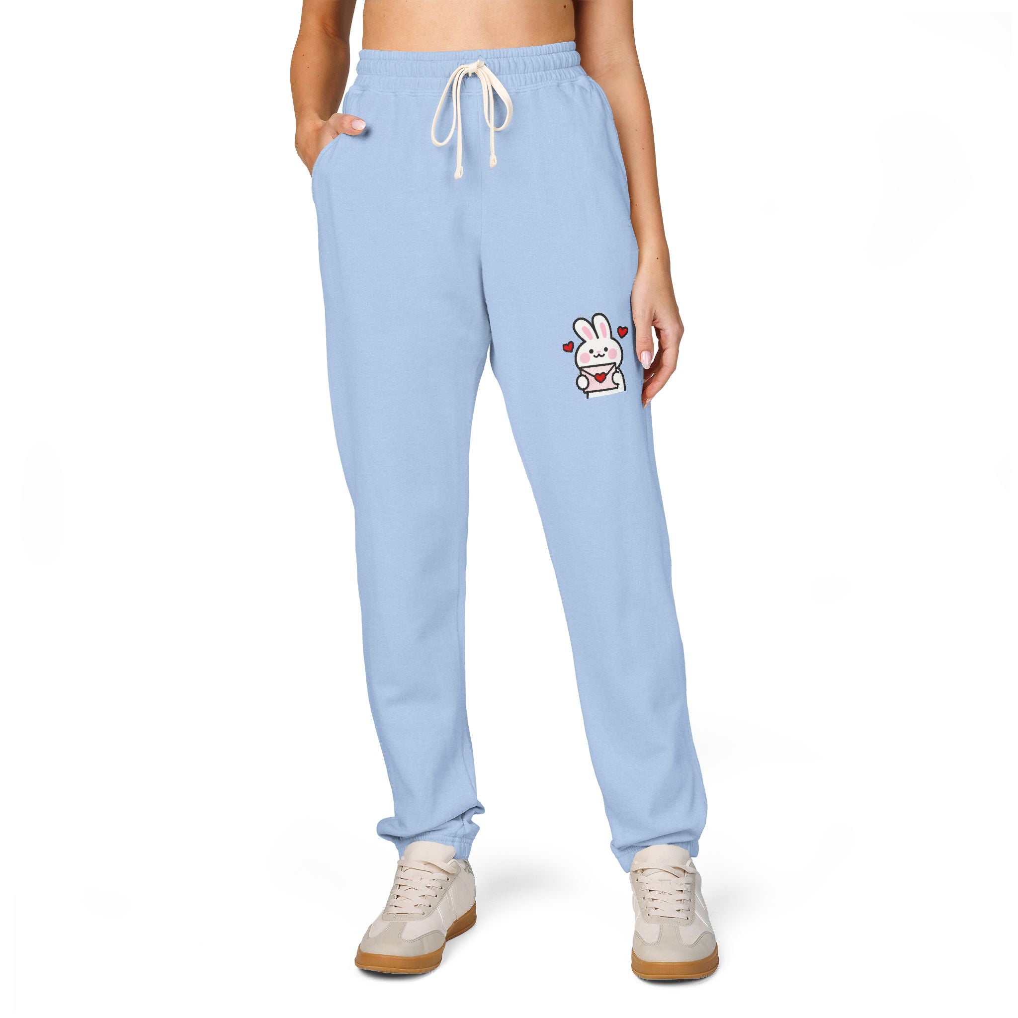 Cute Bunny Patch Sweatpants — Cream Fleece Joggers with Floral Rabbit Design