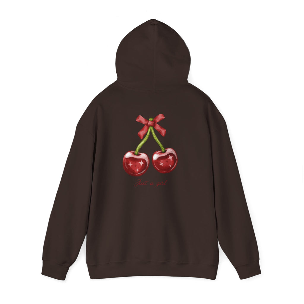 Cherry Graphic Hoodie — "Just a Girl" Vintage Fruit Pullover