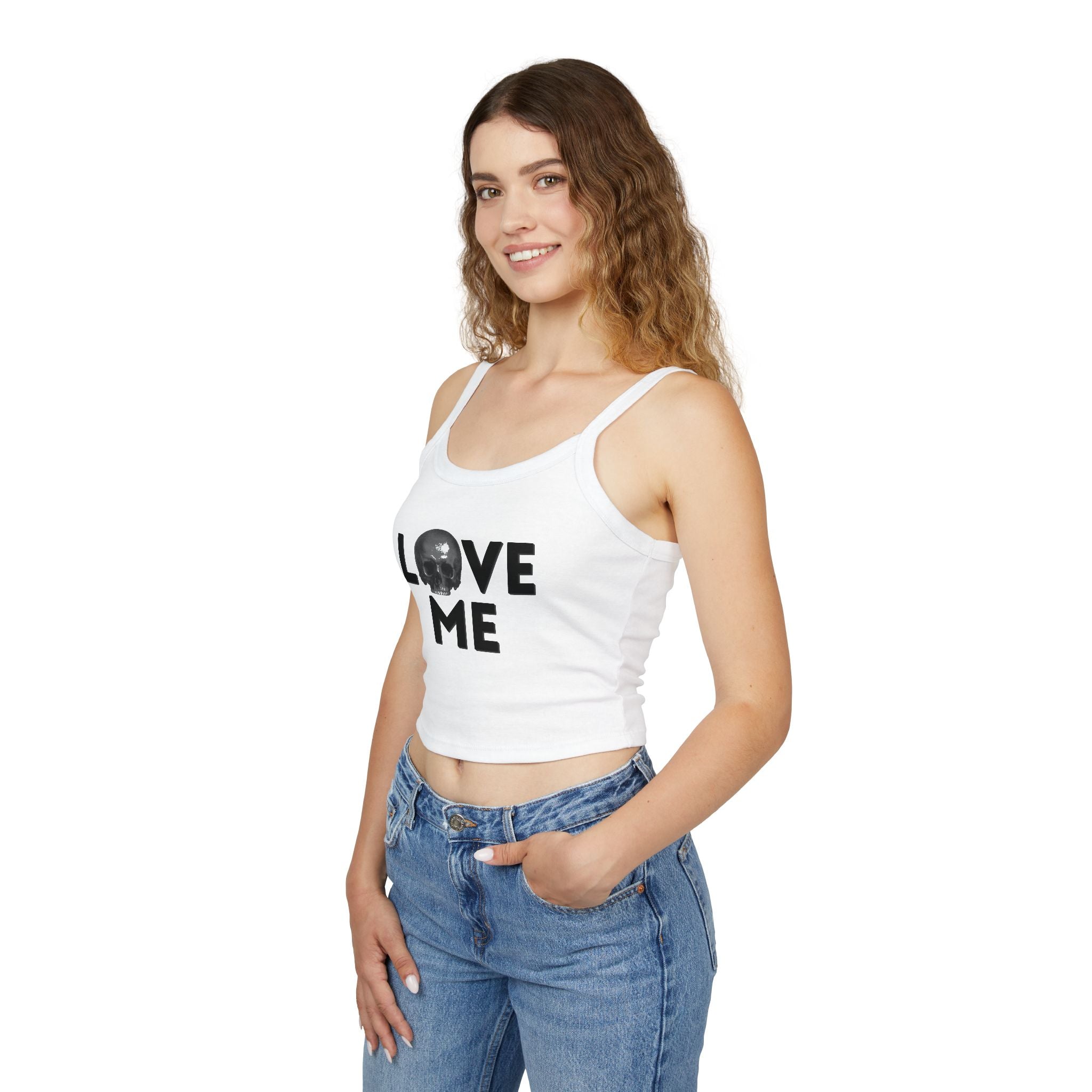 Love Me Skull Tank Top — Women's Spaghetti Strap Crop