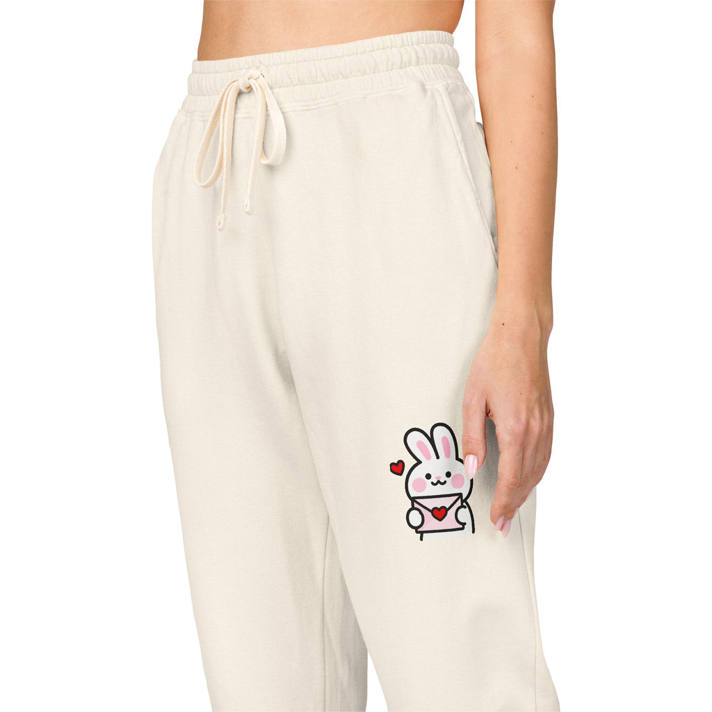 Cute Bunny Patch Sweatpants — Cream Fleece Joggers with Floral Rabbit Design