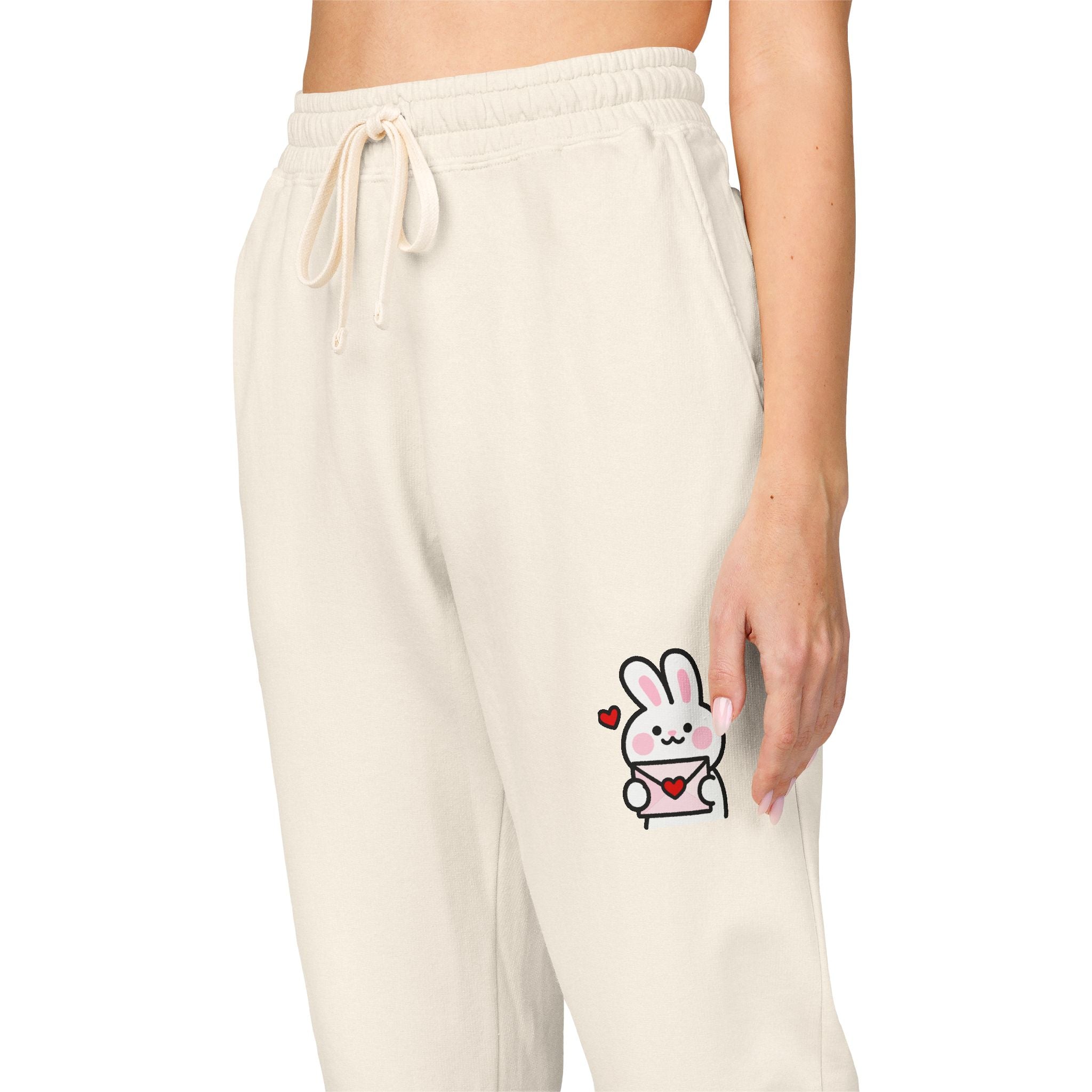 Cute Bunny Patch Sweatpants — Cream Fleece Joggers with Floral Rabbit Design