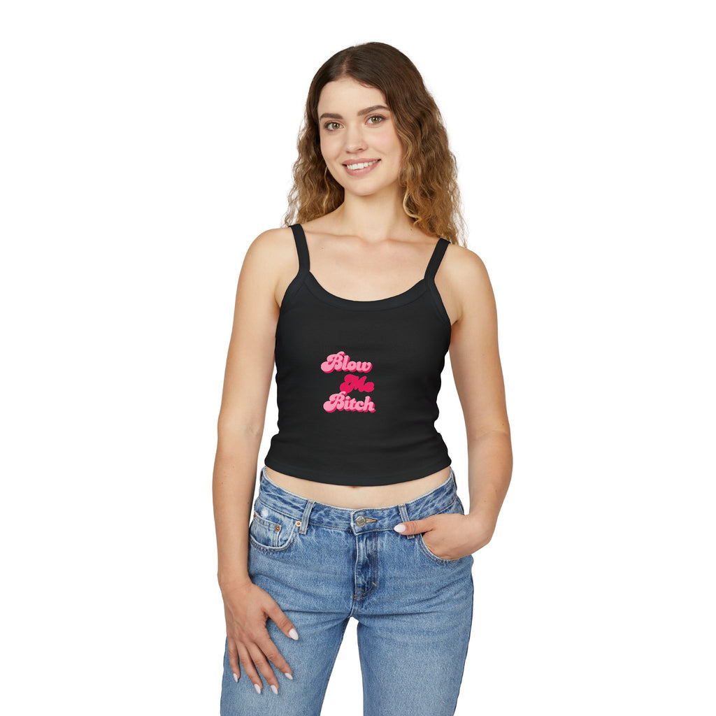 Spaghetti Tank Top — Pink 'Blow Me Bitch' Retro Script Crop Top