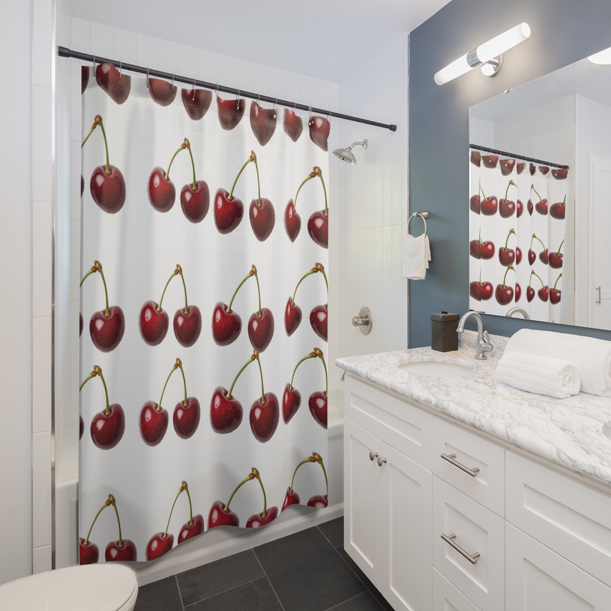 Cherry Pattern Shower Curtain — Retro Red Fruit Bathroom Decor