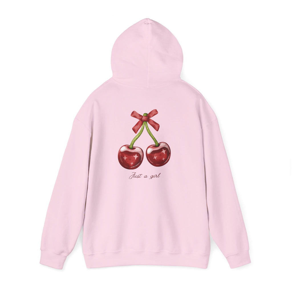 Cherry Graphic Hoodie — "Just a Girl" Vintage Fruit Pullover