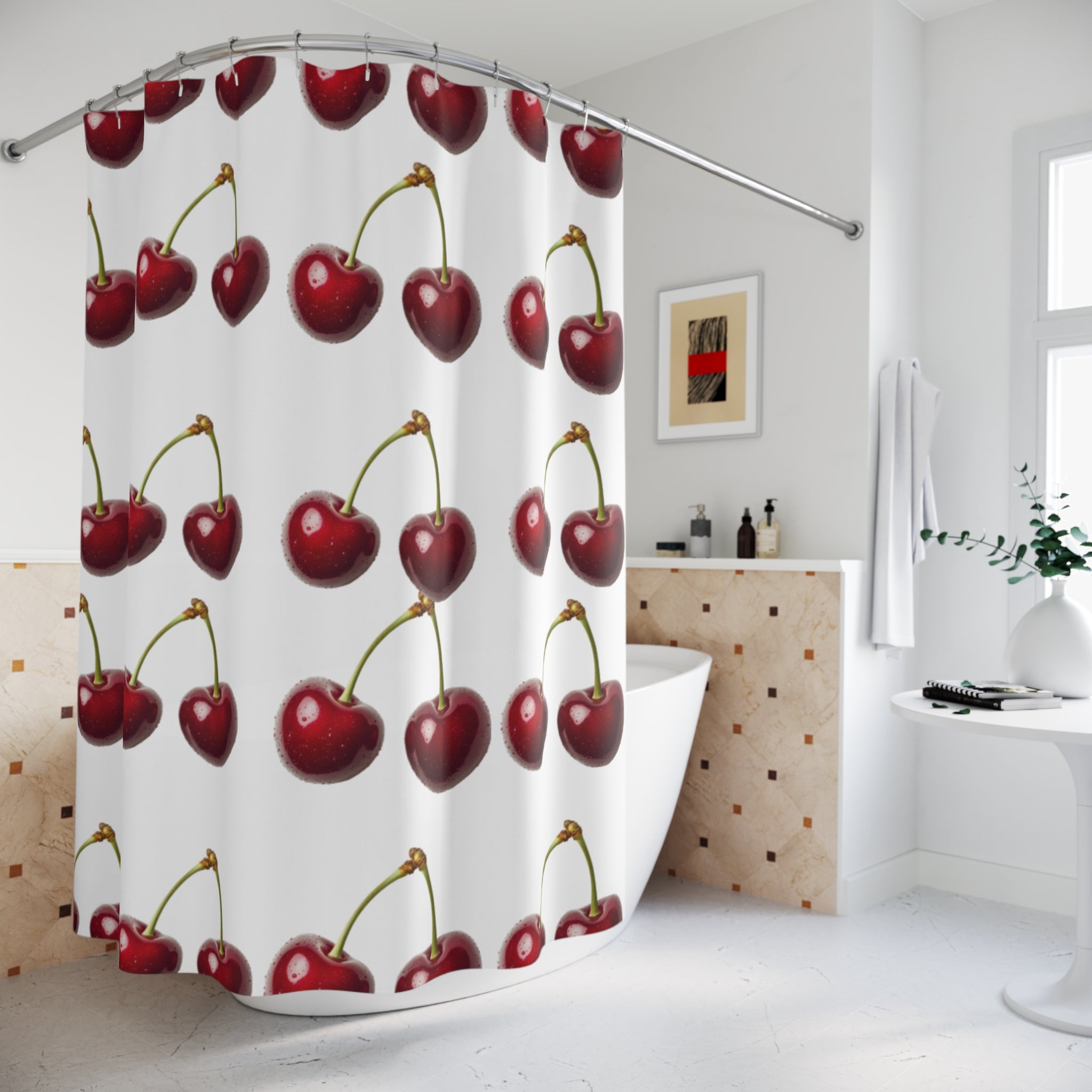 Cherry Pattern Shower Curtain — Retro Red Fruit Bathroom Decor