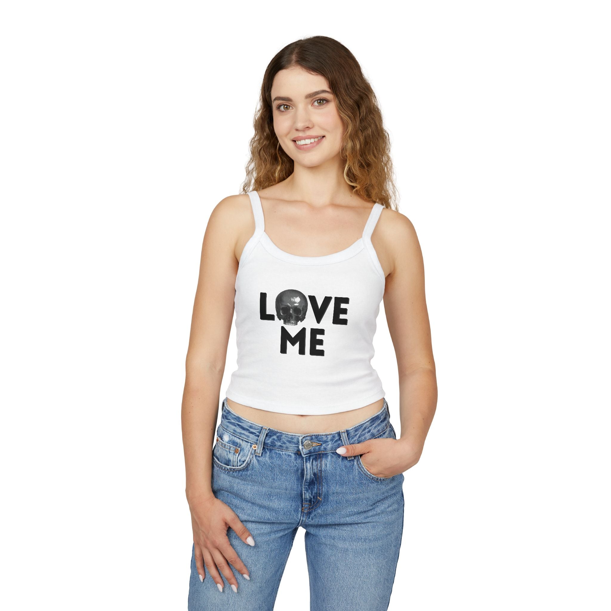 Love Me Skull Tank Top — Women's Spaghetti Strap Crop