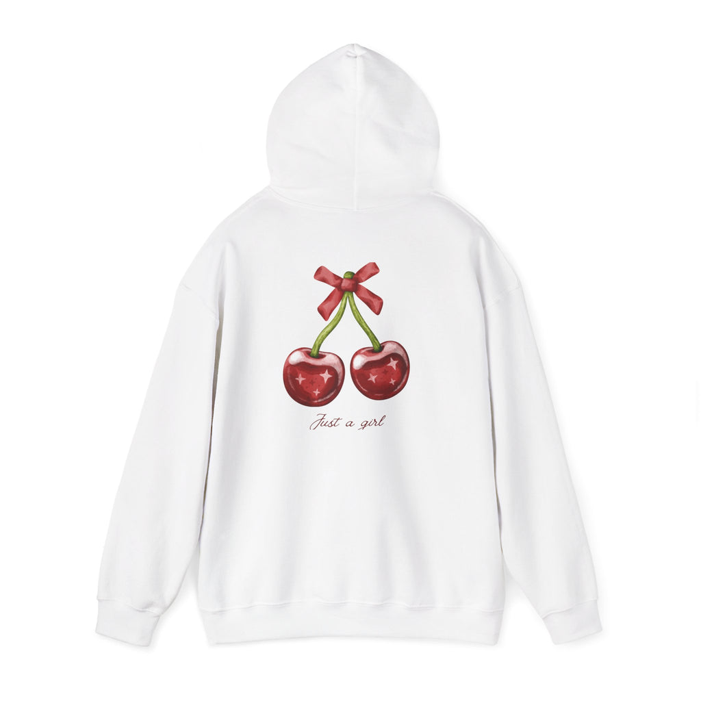 Cherry Graphic Hoodie — "Just a Girl" Vintage Fruit Pullover